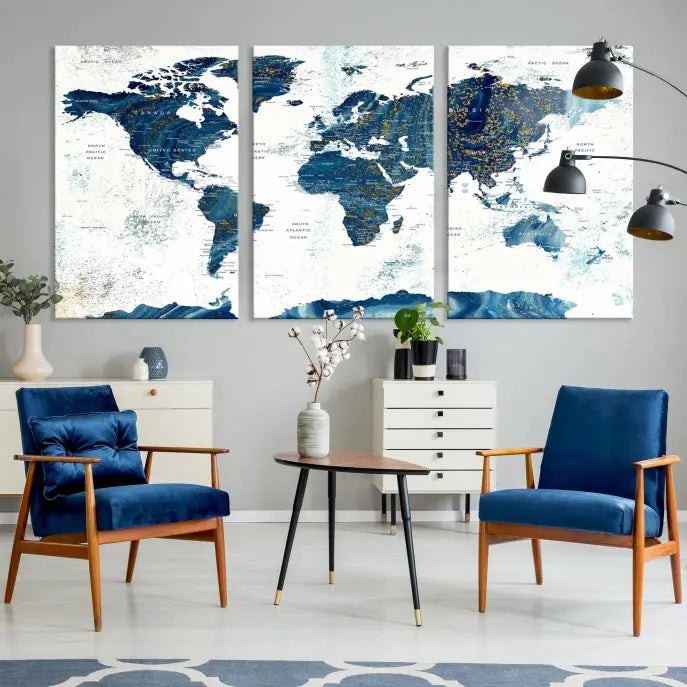 A three-panel "Push Pin World Map Watercolor Wall Art Canvas Print," crafted by a professional artisan, hangs with elegance. This masterpiece, printed on museum-quality canvas, will arrive with free shipping to grace your space effortlessly.