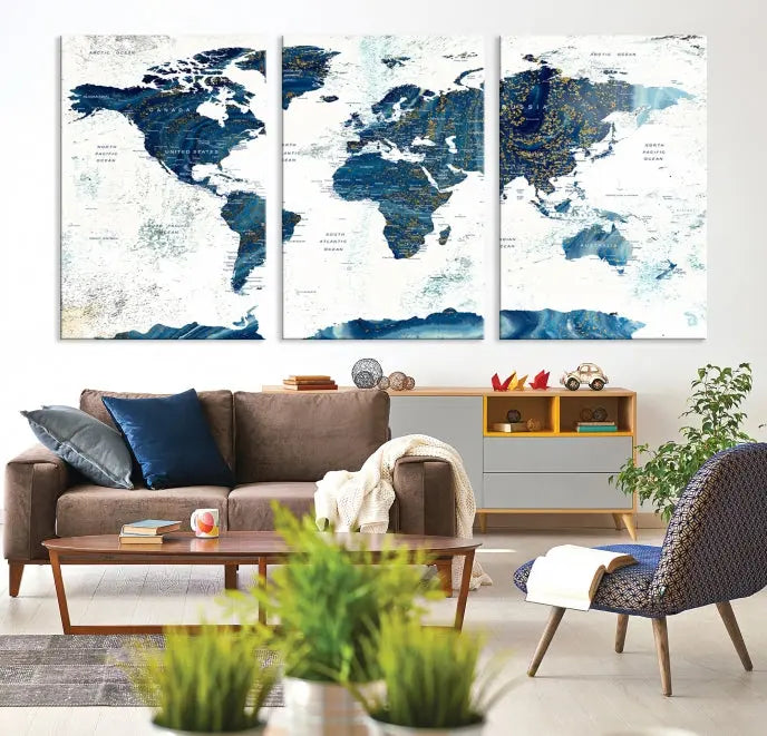 A three-panel "Push Pin World Map Watercolor Wall Art Canvas Print," crafted by a professional artisan, hangs with elegance. This masterpiece, printed on museum-quality canvas, will arrive with free shipping to grace your space effortlessly.