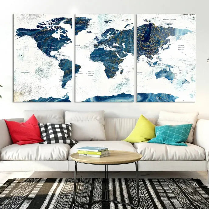 A three-panel "Push Pin World Map Watercolor Wall Art Canvas Print," crafted by a professional artisan, hangs with elegance. This masterpiece, printed on museum-quality canvas, will arrive with free shipping to grace your space effortlessly.