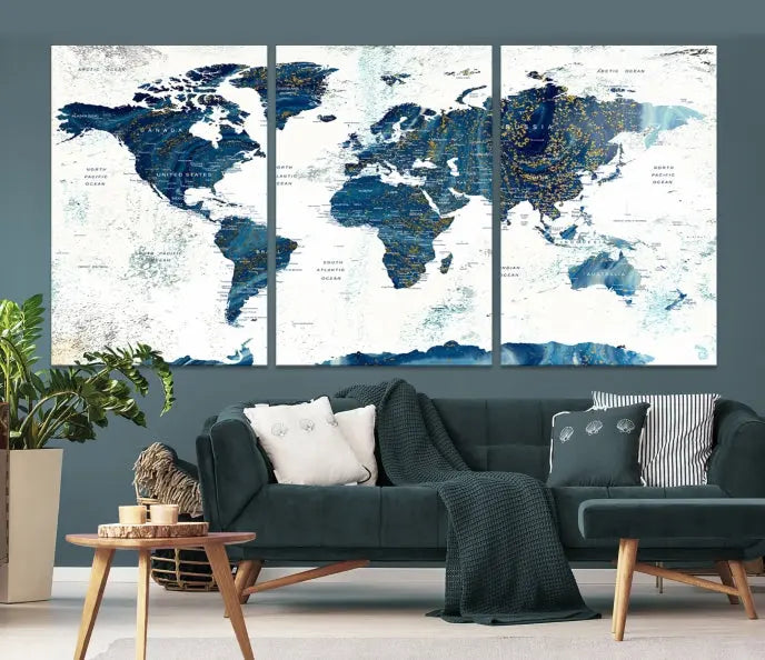 A three-panel "Push Pin World Map Watercolor Wall Art Canvas Print," crafted by a professional artisan, hangs with elegance. This masterpiece, printed on museum-quality canvas, will arrive with free shipping to grace your space effortlessly.