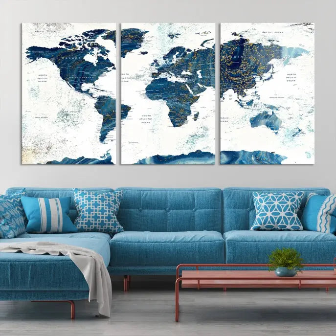 A three-panel "Push Pin World Map Watercolor Wall Art Canvas Print," crafted by a professional artisan, hangs with elegance. This masterpiece, printed on museum-quality canvas, will arrive with free shipping to grace your space effortlessly.