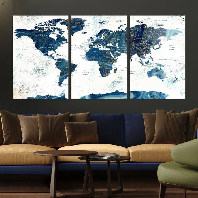 A three-panel "Push Pin World Map Watercolor Wall Art Canvas Print," crafted by a professional artisan, hangs with elegance. This masterpiece, printed on museum-quality canvas, will arrive with free shipping to grace your space effortlessly.