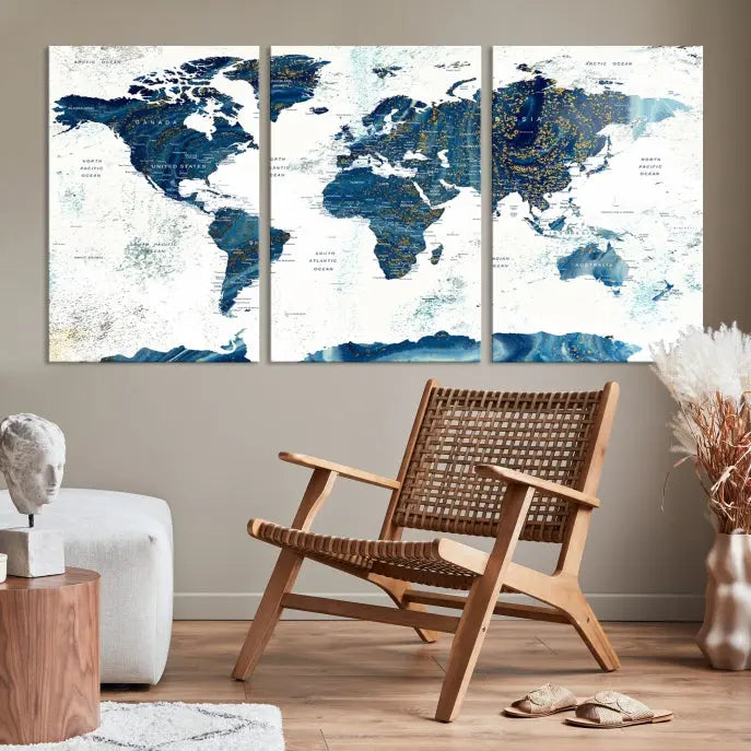 A three-panel "Push Pin World Map Watercolor Wall Art Canvas Print," crafted by a professional artisan, hangs with elegance. This masterpiece, printed on museum-quality canvas, will arrive with free shipping to grace your space effortlessly.