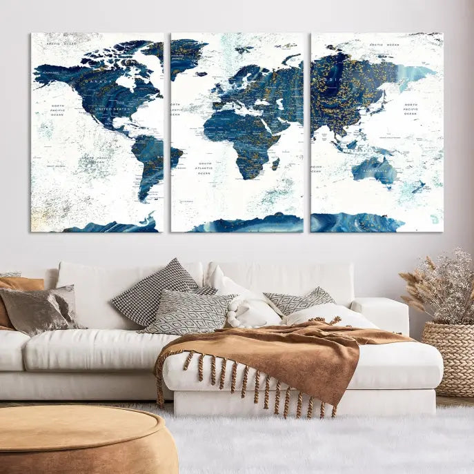 A three-panel "Push Pin World Map Watercolor Wall Art Canvas Print," crafted by a professional artisan, hangs with elegance. This masterpiece, printed on museum-quality canvas, will arrive with free shipping to grace your space effortlessly.