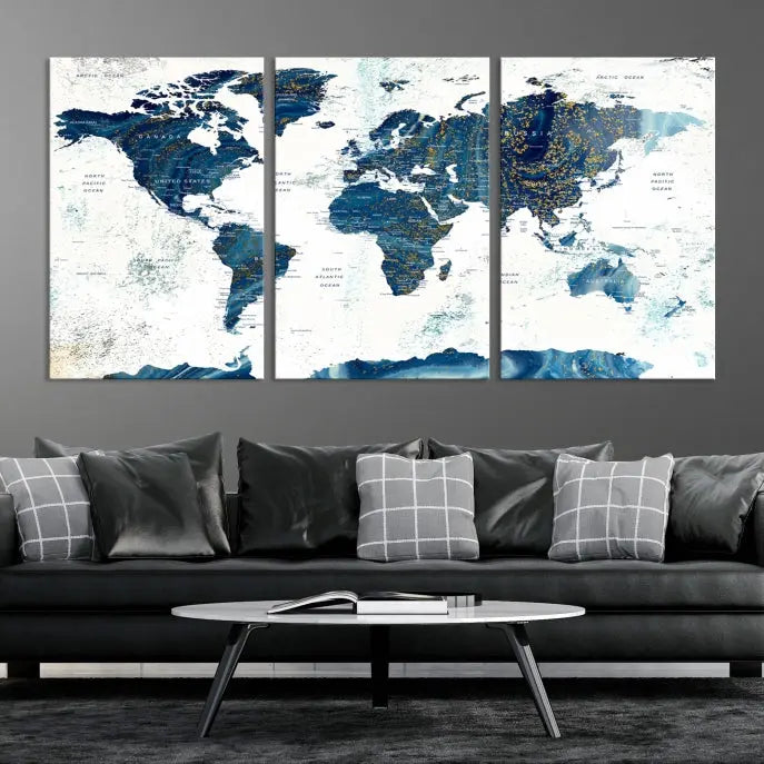 A three-panel "Push Pin World Map Watercolor Wall Art Canvas Print," crafted by a professional artisan, hangs with elegance. This masterpiece, printed on museum-quality canvas, will arrive with free shipping to grace your space effortlessly.