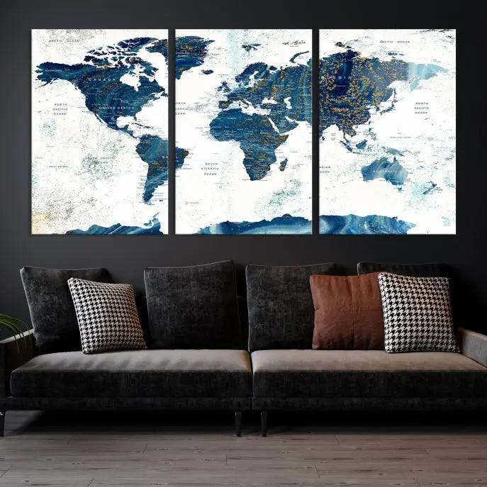 A three-panel "Push Pin World Map Watercolor Wall Art Canvas Print," crafted by a professional artisan, hangs with elegance. This masterpiece, printed on museum-quality canvas, will arrive with free shipping to grace your space effortlessly.