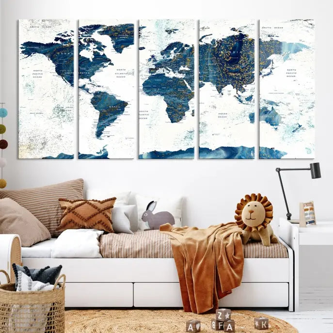 A three-panel "Push Pin World Map Watercolor Wall Art Canvas Print," crafted by a professional artisan, hangs with elegance. This masterpiece, printed on museum-quality canvas, will arrive with free shipping to grace your space effortlessly.