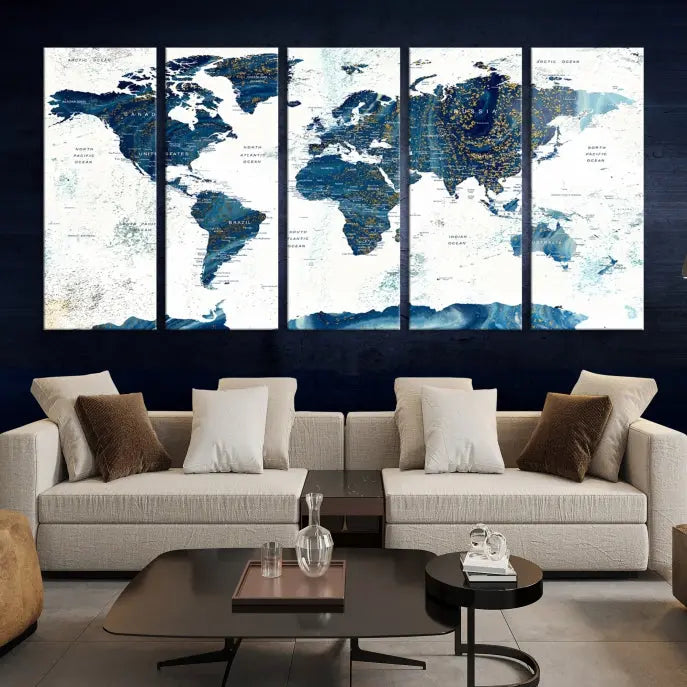 A three-panel "Push Pin World Map Watercolor Wall Art Canvas Print," crafted by a professional artisan, hangs with elegance. This masterpiece, printed on museum-quality canvas, will arrive with free shipping to grace your space effortlessly.