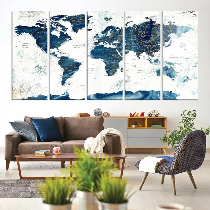 A three-panel "Push Pin World Map Watercolor Wall Art Canvas Print," crafted by a professional artisan, hangs with elegance. This masterpiece, printed on museum-quality canvas, will arrive with free shipping to grace your space effortlessly.