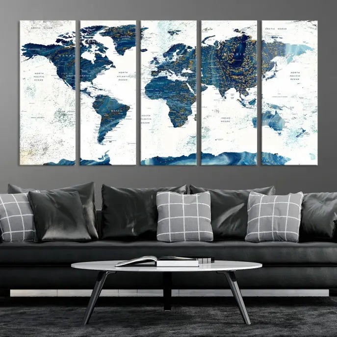 A three-panel "Push Pin World Map Watercolor Wall Art Canvas Print," crafted by a professional artisan, hangs with elegance. This masterpiece, printed on museum-quality canvas, will arrive with free shipping to grace your space effortlessly.