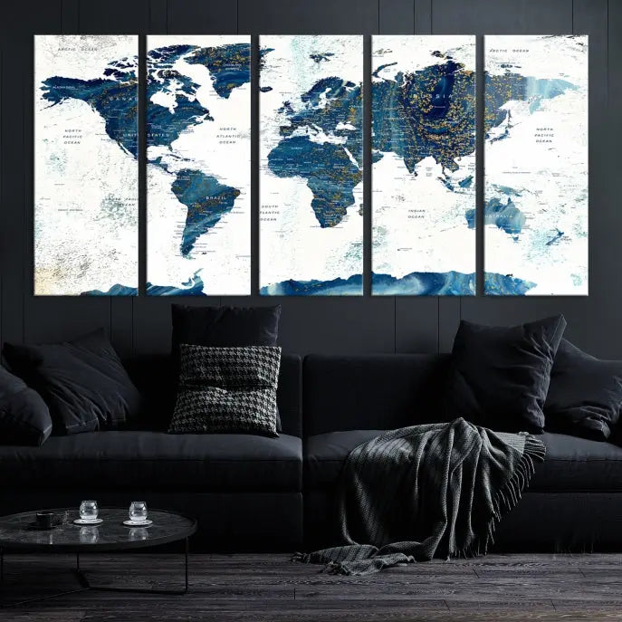 A three-panel "Push Pin World Map Watercolor Wall Art Canvas Print," crafted by a professional artisan, hangs with elegance. This masterpiece, printed on museum-quality canvas, will arrive with free shipping to grace your space effortlessly.