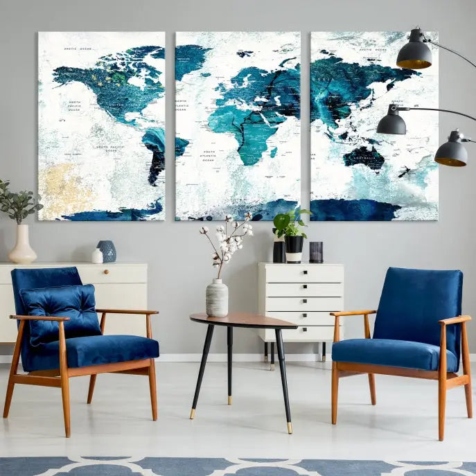 A modern living room showcases a Push Pin World Map with Antarctica, elegantly displayed on museum-quality canvas.