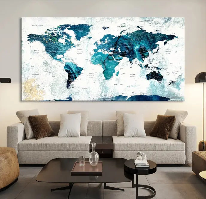 A modern living room showcases a Push Pin World Map with Antarctica, elegantly displayed on museum-quality canvas.