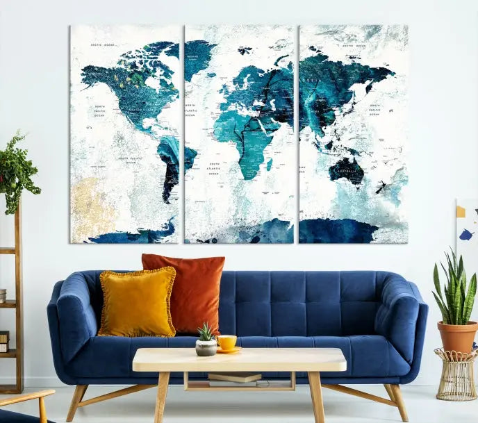 A modern living room showcases a Push Pin World Map with Antarctica, elegantly displayed on museum-quality canvas.