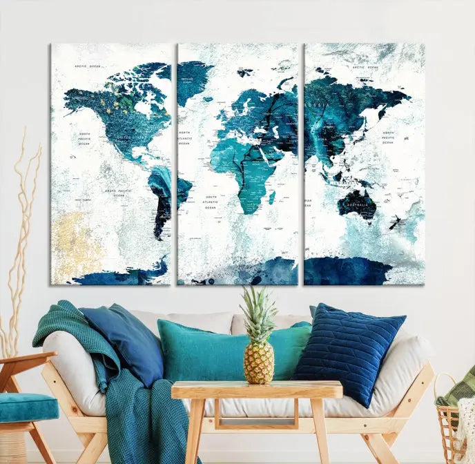 A modern living room showcases a Push Pin World Map with Antarctica, elegantly displayed on museum-quality canvas.