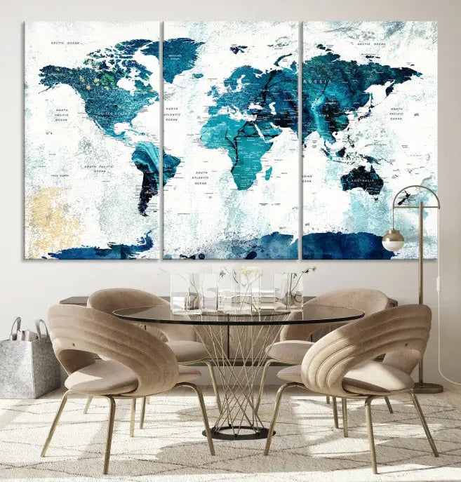 A modern living room showcases a Push Pin World Map with Antarctica, elegantly displayed on museum-quality canvas.