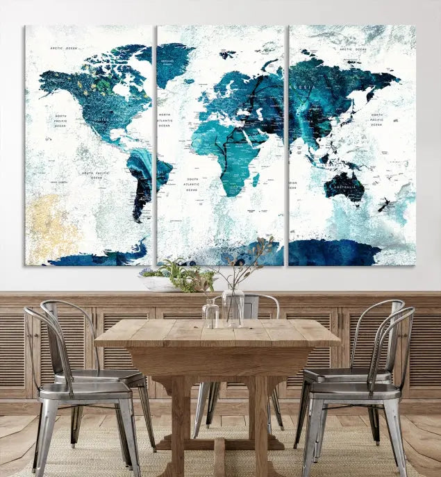 A modern living room showcases a Push Pin World Map with Antarctica, elegantly displayed on museum-quality canvas.