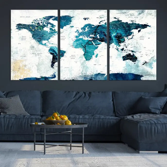 A modern living room showcases a Push Pin World Map with Antarctica, elegantly displayed on museum-quality canvas.