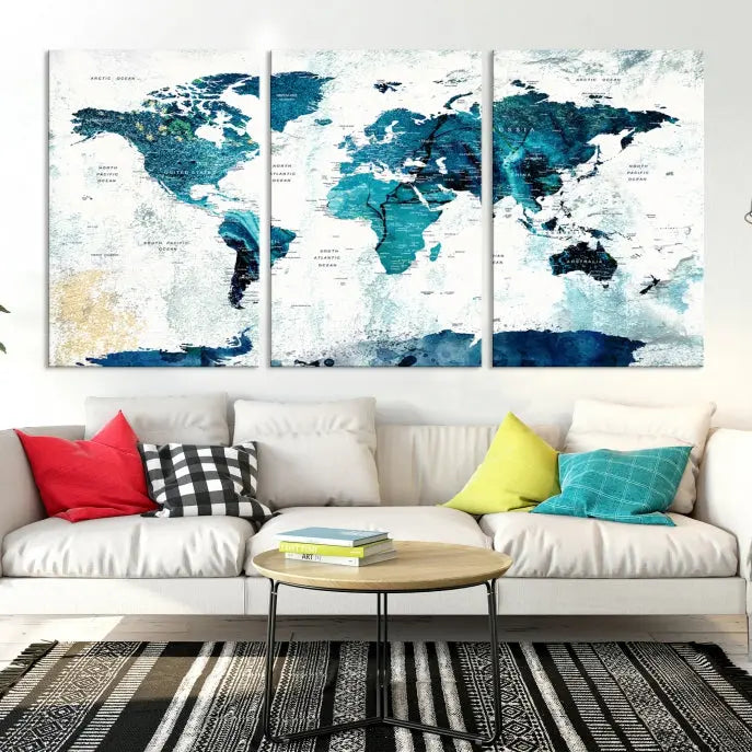 A modern living room showcases a Push Pin World Map with Antarctica, elegantly displayed on museum-quality canvas.