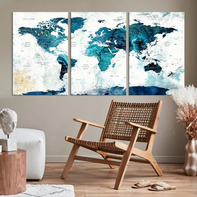 A modern living room showcases a Push Pin World Map with Antarctica, elegantly displayed on museum-quality canvas.