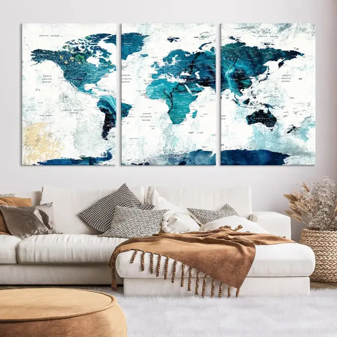 A modern living room showcases a Push Pin World Map with Antarctica, elegantly displayed on museum-quality canvas.