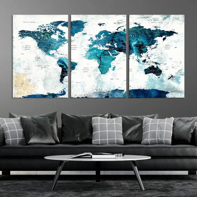 A modern living room showcases a Push Pin World Map with Antarctica, elegantly displayed on museum-quality canvas.