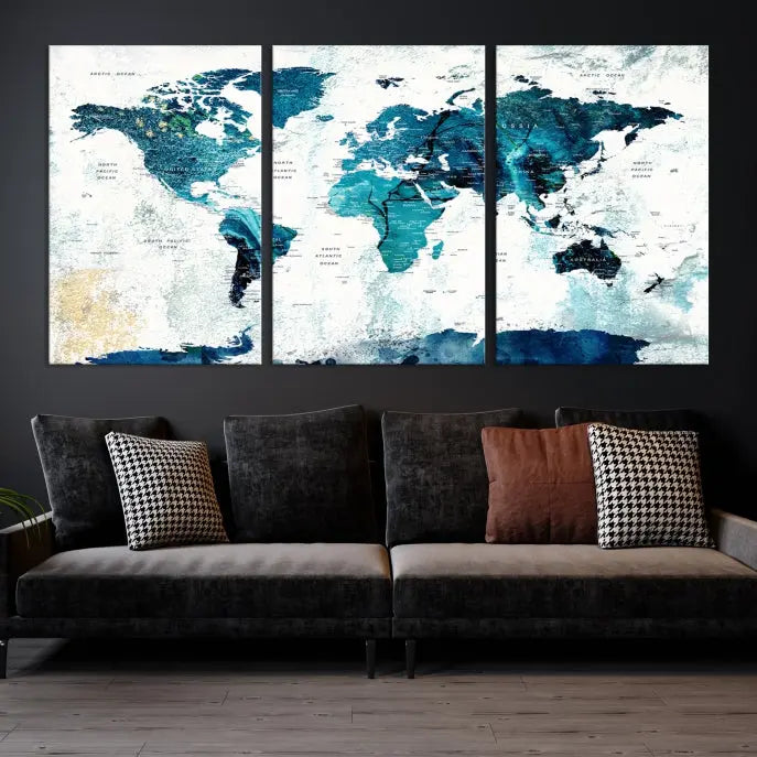 A modern living room showcases a Push Pin World Map with Antarctica, elegantly displayed on museum-quality canvas.