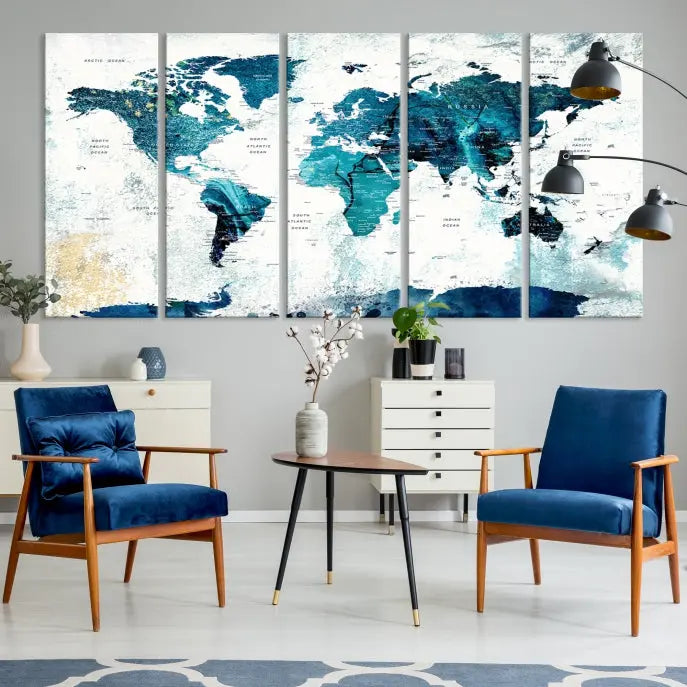 A modern living room showcases a Push Pin World Map with Antarctica, elegantly displayed on museum-quality canvas.