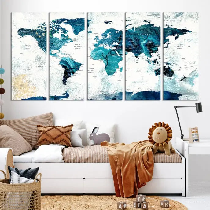 A modern living room showcases a Push Pin World Map with Antarctica, elegantly displayed on museum-quality canvas.