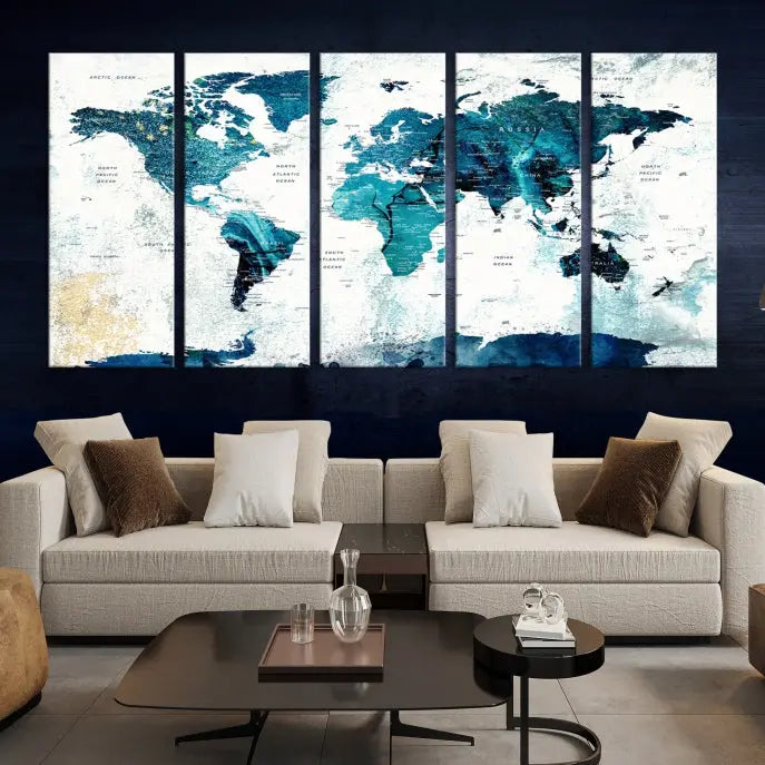 A modern living room showcases a Push Pin World Map with Antarctica, elegantly displayed on museum-quality canvas.