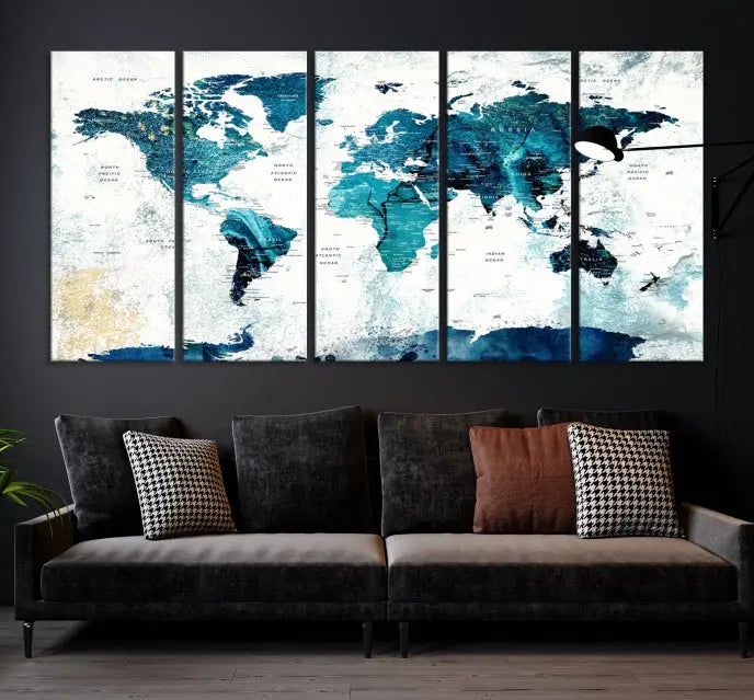 A modern living room showcases a Push Pin World Map with Antarctica, elegantly displayed on museum-quality canvas.