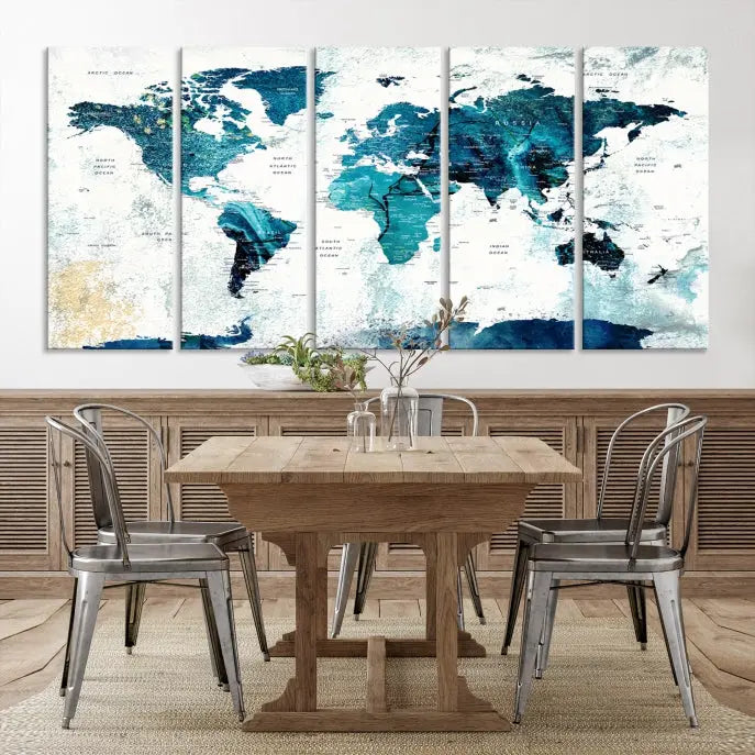 A modern living room showcases a Push Pin World Map with Antarctica, elegantly displayed on museum-quality canvas.