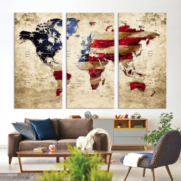 The Push Pin World Map with US Flag Background Canvas Wall Art World Map Print adorns a museum-quality canvas. Its vibrant colors are preserved by a UV-protective coating.