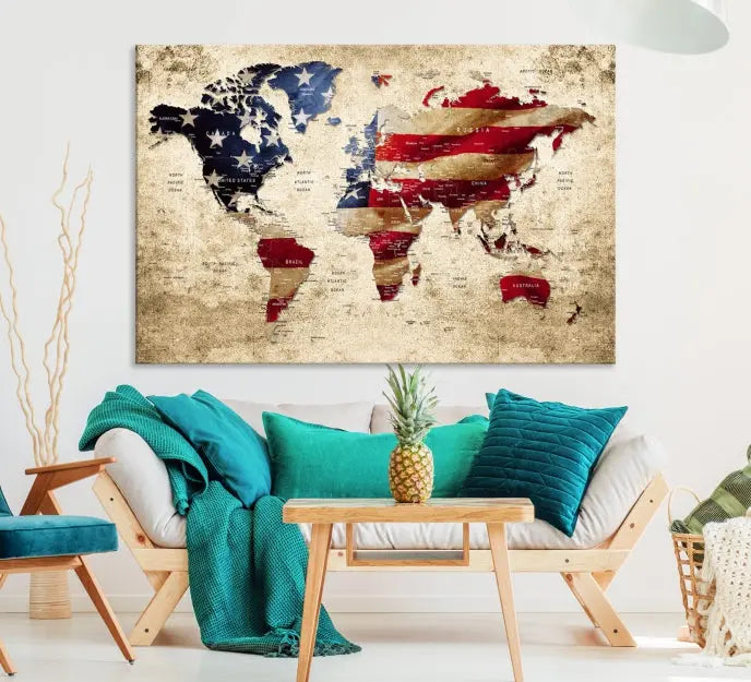 The Push Pin World Map with US Flag Background Canvas Wall Art World Map Print adorns a museum-quality canvas. Its vibrant colors are preserved by a UV-protective coating.