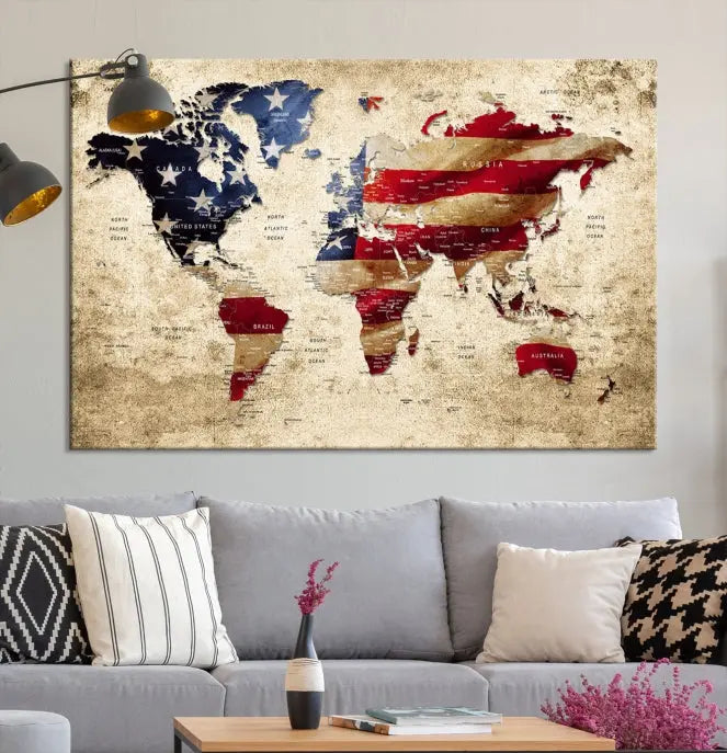 The Push Pin World Map with US Flag Background Canvas Wall Art World Map Print adorns a museum-quality canvas. Its vibrant colors are preserved by a UV-protective coating.