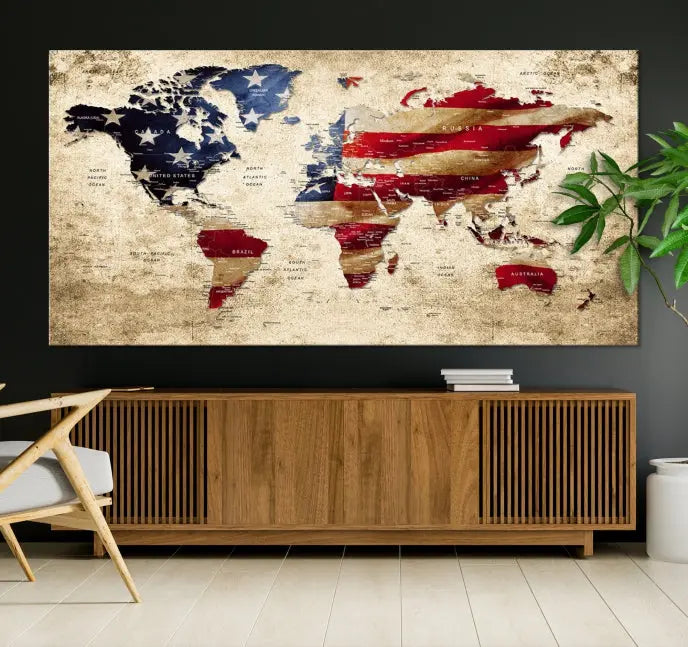 The Push Pin World Map with US Flag Background Canvas Wall Art World Map Print adorns a museum-quality canvas. Its vibrant colors are preserved by a UV-protective coating.