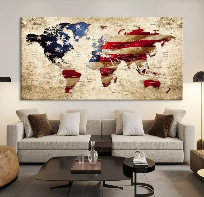 The Push Pin World Map with US Flag Background Canvas Wall Art World Map Print adorns a museum-quality canvas. Its vibrant colors are preserved by a UV-protective coating.