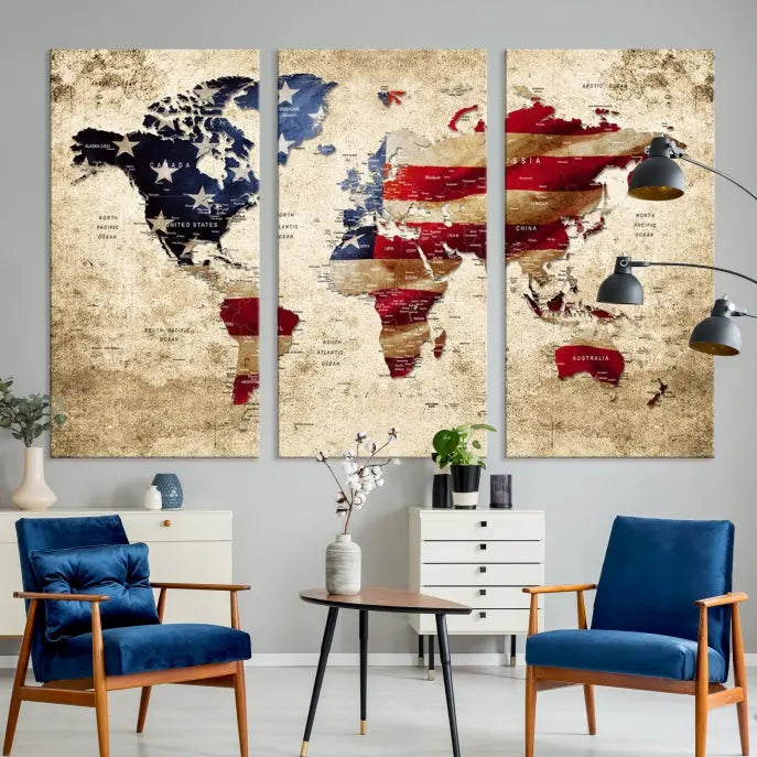 The Push Pin World Map with US Flag Background Canvas Wall Art World Map Print adorns a museum-quality canvas. Its vibrant colors are preserved by a UV-protective coating.