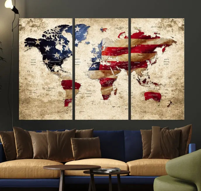 The Push Pin World Map with US Flag Background Canvas Wall Art World Map Print adorns a museum-quality canvas. Its vibrant colors are preserved by a UV-protective coating.