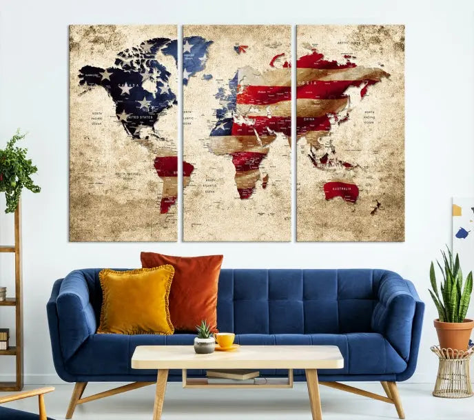 The Push Pin World Map with US Flag Background Canvas Wall Art World Map Print adorns a museum-quality canvas. Its vibrant colors are preserved by a UV-protective coating.