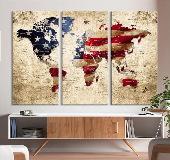 The Push Pin World Map with US Flag Background Canvas Wall Art World Map Print adorns a museum-quality canvas. Its vibrant colors are preserved by a UV-protective coating.