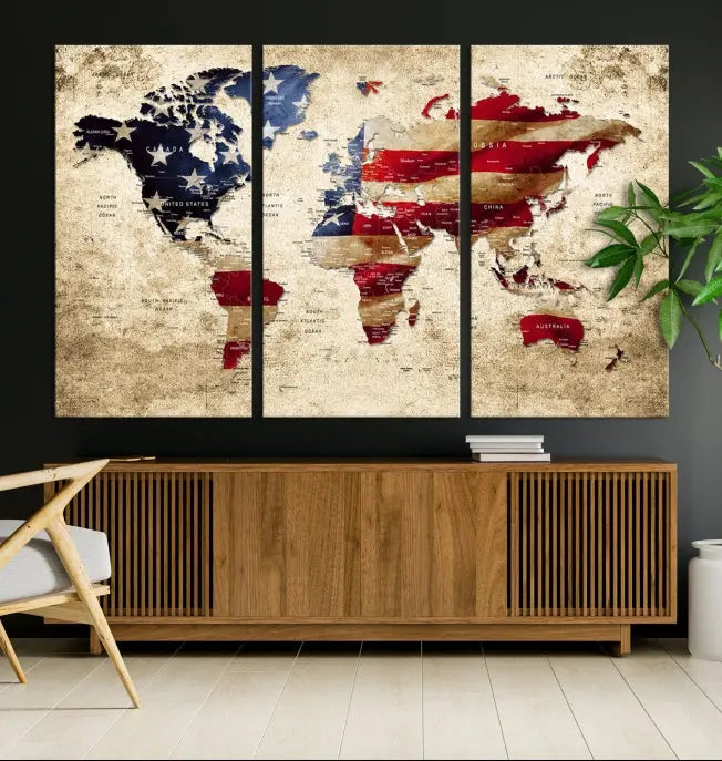 The Push Pin World Map with US Flag Background Canvas Wall Art World Map Print adorns a museum-quality canvas. Its vibrant colors are preserved by a UV-protective coating.