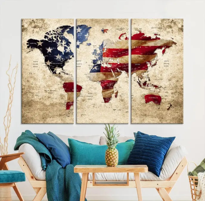 The Push Pin World Map with US Flag Background Canvas Wall Art World Map Print adorns a museum-quality canvas. Its vibrant colors are preserved by a UV-protective coating.