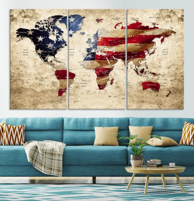 The Push Pin World Map with US Flag Background Canvas Wall Art World Map Print adorns a museum-quality canvas. Its vibrant colors are preserved by a UV-protective coating.