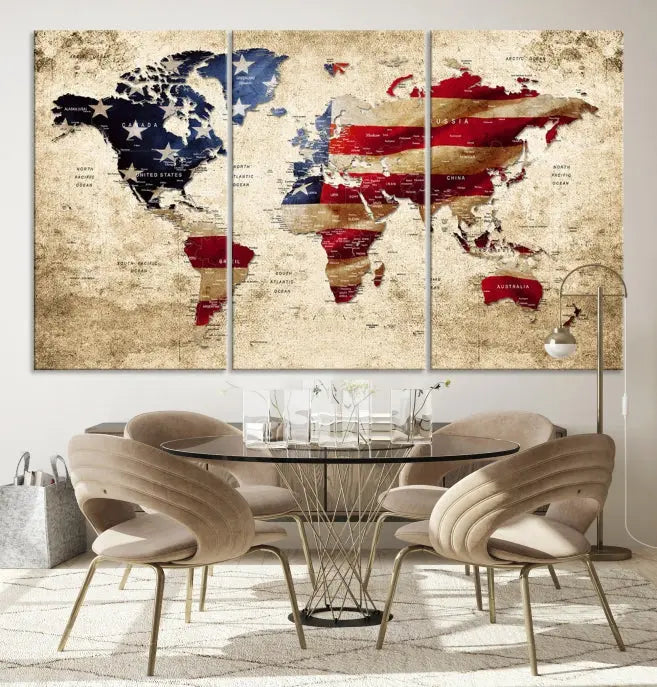 The Push Pin World Map with US Flag Background Canvas Wall Art World Map Print adorns a museum-quality canvas. Its vibrant colors are preserved by a UV-protective coating.