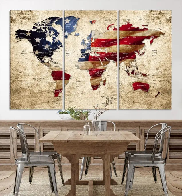 The Push Pin World Map with US Flag Background Canvas Wall Art World Map Print adorns a museum-quality canvas. Its vibrant colors are preserved by a UV-protective coating.