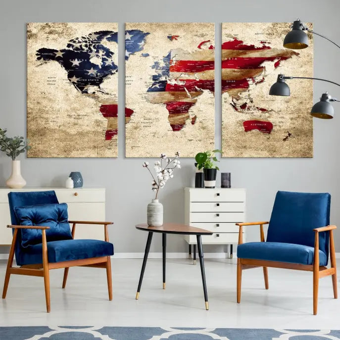 The Push Pin World Map with US Flag Background Canvas Wall Art World Map Print adorns a museum-quality canvas. Its vibrant colors are preserved by a UV-protective coating.