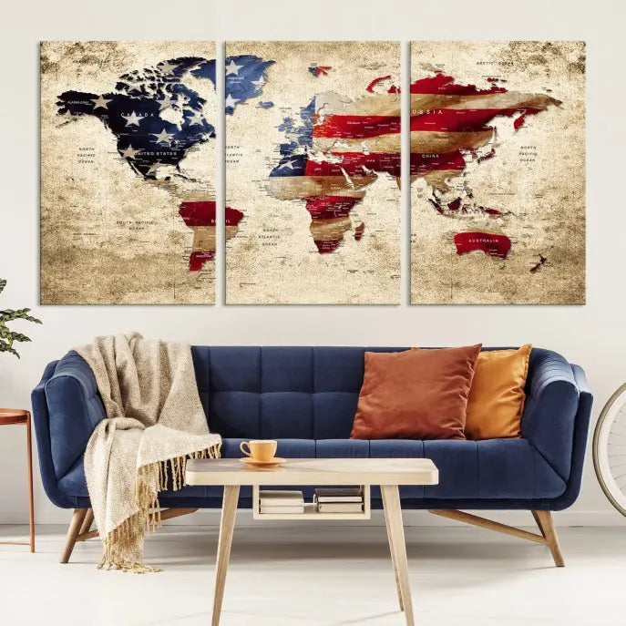 The Push Pin World Map with US Flag Background Canvas Wall Art World Map Print adorns a museum-quality canvas. Its vibrant colors are preserved by a UV-protective coating.