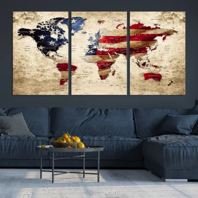 The Push Pin World Map with US Flag Background Canvas Wall Art World Map Print adorns a museum-quality canvas. Its vibrant colors are preserved by a UV-protective coating.