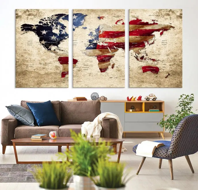 The Push Pin World Map with US Flag Background Canvas Wall Art World Map Print adorns a museum-quality canvas. Its vibrant colors are preserved by a UV-protective coating.